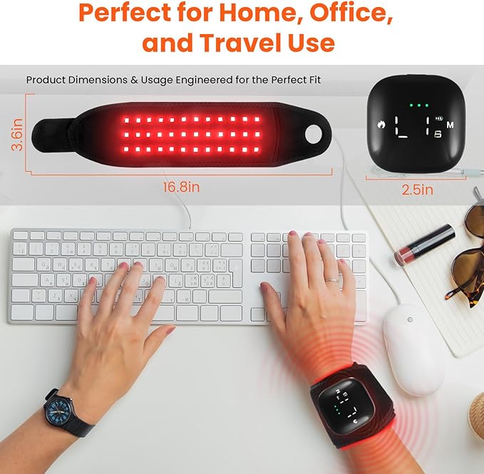 Keneo Red Light Therapy Wristband for Hand & Wrist, 660nm & 850nm Near Infrared Light Device, 3 Heat & Vibration Massage Settings, 2000mAh Wireless, 36 LEDs for Comfort & Recovery (Black)