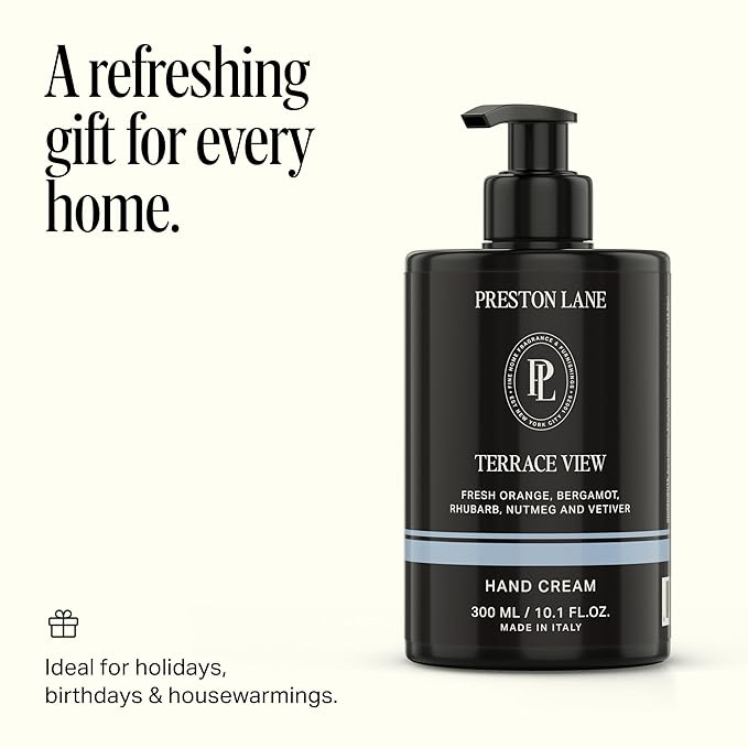 Preston Lane Luxury Hand Cream, Terrace View Scent, Made in Italy | Hydrating Formula with Tea Tree, Lavender & Lemon Essential Oils, Hyaluronic Acid, Vitamins C & E, and Kiwi & Apple Water