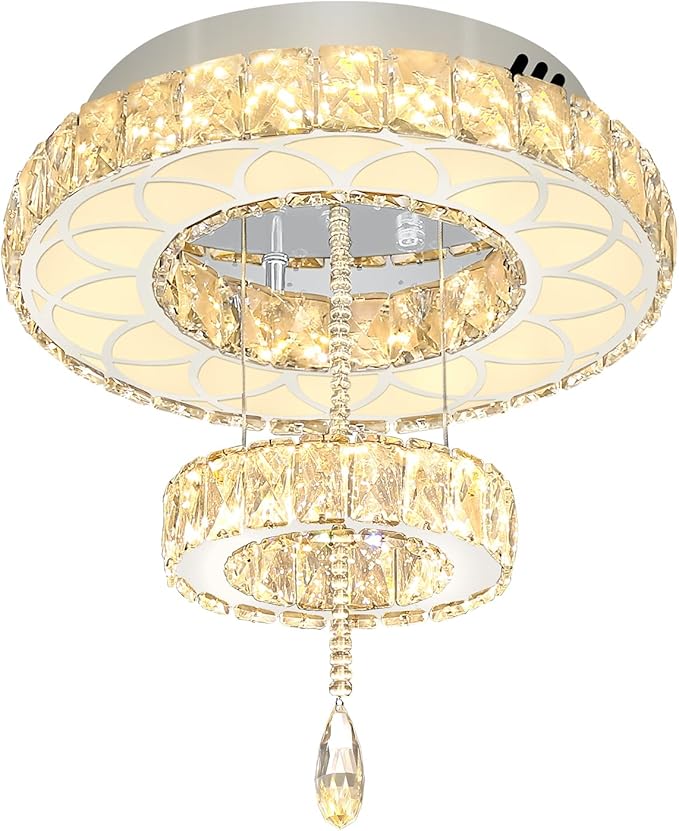 Flashing God Dia 16" Mini Chandelier Modern Crystal Chandeliers for Hallway LED Dimmable Flush Mount Ceiling Light for Dining Room Living Room Bedroom