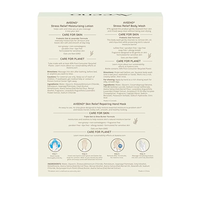 Aveeno Stress Relief Gift Set, Skincare Set for Sensitive Skin with Soothing Body Wash & Moisturizing Body Lotion, plus, Skin Relief Repairing Hand Masks for Very Dry Skin, 3 Items