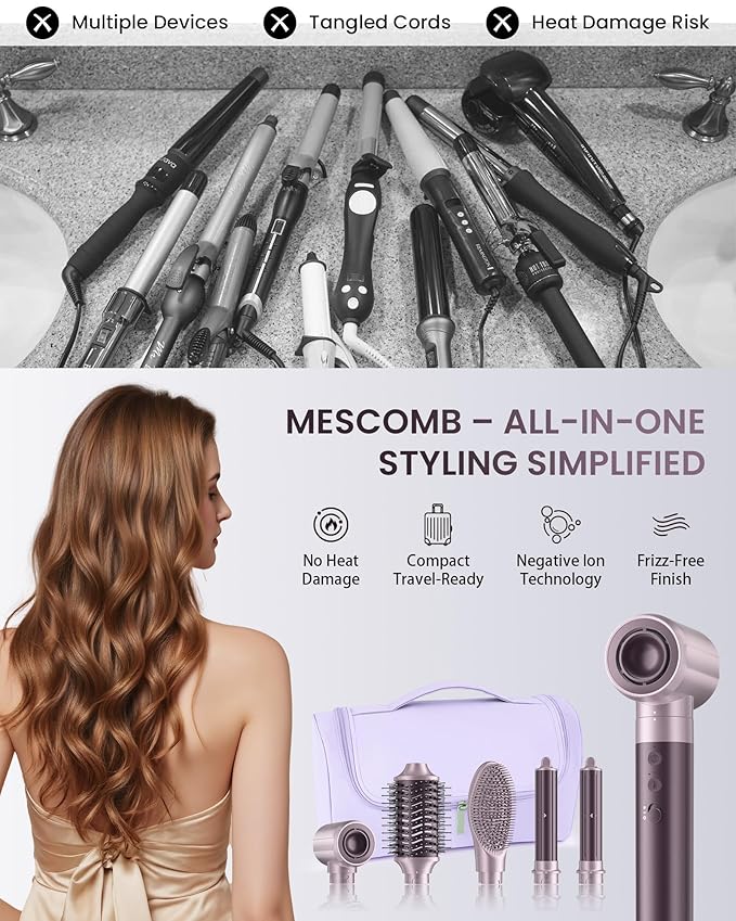 MESCOMB Dual Voltage Hair Dryer Brush for Travel – 5 in 1 Air Styler with High-Speed Blow Dryer, Anti-Frizz, Compact Design with Travel Bag, Ideal for Europe & Worldwide Use (100V–240V) Gift for Women