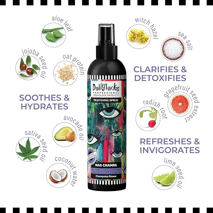 Dollylocks Sea Salt Texture Spray | Plant-Based, Vegan, Residue-Free | Tighten Locs Dreadlocks | Loose Hair Care | Nag Champa | 8oz