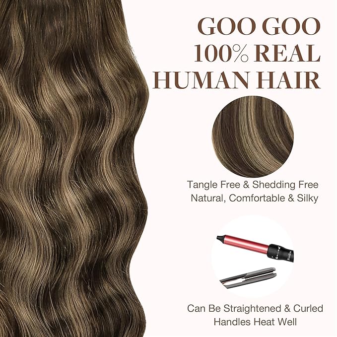 GOO GOO Tape in Hair Extensions Human Hair, 4/27/4 Balayage Chocolate Brown to Caramel Blonde, 24inch 30g 10pcs, Skin Weft Seamless Invisible, Silky Straight with Thick Ends, Remy Human Hair