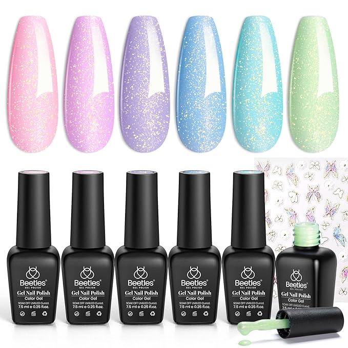 Beetles Spring Gel Nail Polish Set - 6 Colors Shimmer Pink Green Purple Glitter Blue Glitter Mermaid Pastel Nail Gel Drawing Soak Off Uv Led Needed with Pastel Sticker Gift for Women
