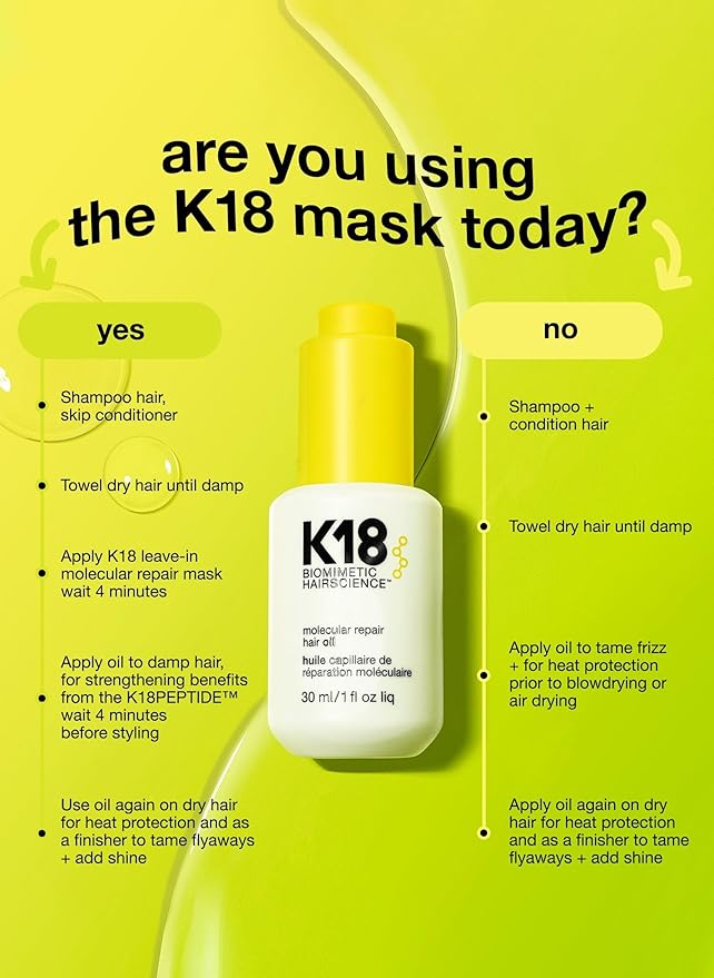 K18 Molecular Repair Hair Oil, Weightless Oil for Stronger, Healthier Hair, Suitable For All Hair Types, 1 Fl Oz