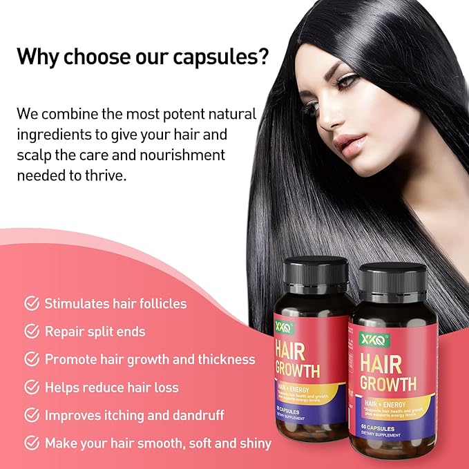 XKQ Hair Growth Supplements, Supports Hair Health & Fullness with Nutrient Replenishing Formula, for Men & Women Seeking Thicker-Looking, Healthier Hair – 2 Month Supply