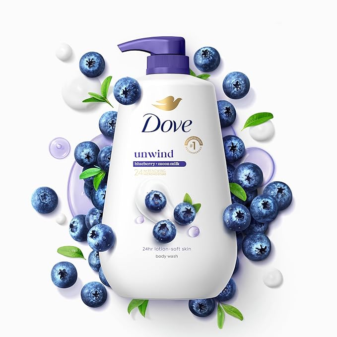 Dove Body Wash Unwind Blueberry & Moon Milk For 24hr Lotion-Soft Skin Moisturizing Skin Cleanser with No Sulfates No Parabens 30.6 oz
