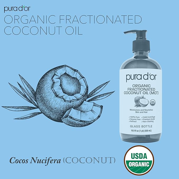 PURA D'OR 16.9 Oz ORGANIC Fractionated Coconut Oil (GLASS BOTTLE) USDA Certified MCT Oil – Therapeutic, Lightweight Moisturizer – Hexane Free Carrier Oil For Essential Oils, Massage – Face, Hair, Body