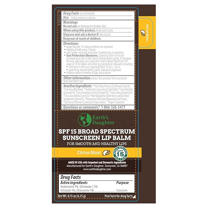 Earth's Daughter SPF Lip Balm 4-Pack Citrus Flavor - Lip Sunscreen, SPF 15, Organic Ingredients, Beeswax, Coconut Oil, Vitamin E - Hypoallergenic, Paraben Free, Gluten Free