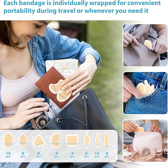 64ct Blister Bandages Waterproof Hydrocolloid Gel Pads for Heels & Toes, Adhesive Blister Cushions for Foot Protection, Hiking Essentials, Blister Prevention Patches, Soft Variety Band-Aids
