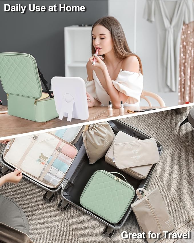 Relavel Travel Makeup Bag With LED Mirror, Portable Cosmetic Organizer Bag with Adjustable Brightness in 3 Color Scenarios, Small Train Case with Detachable Dividers for Trip- Green