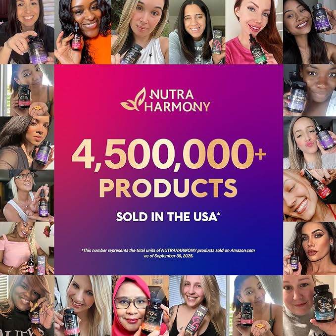 NUTRAHARMONY Biotin | Collagen | Hyaluronic Acid | Keratin - Support Normal Hair Growth Cycle - Skin & Nails - 25000mcg Vitamins B1, B2, B3, B6 & B7 - for Women & Men - Made in USA | 60 Capsules