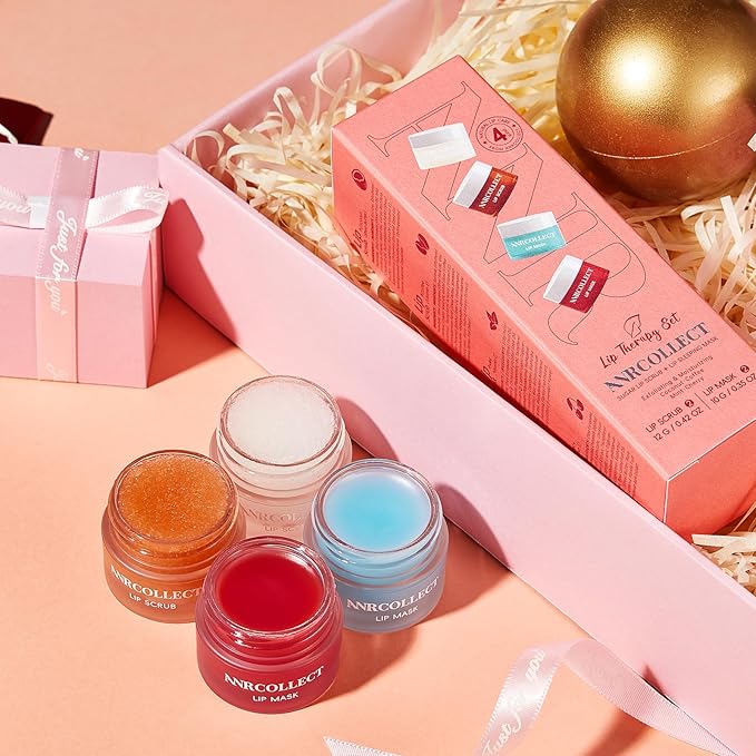 ANRCOLLECT Lip Scrub and Lip Mask Set- Lip Treatment Care Kit with 2 Lip Exfoliator Scrub & 2 Lip Butter Mask, Intense Hydration Set for Dry Chapped Cracked Lips (4 Pack), Valentines Day Gifts