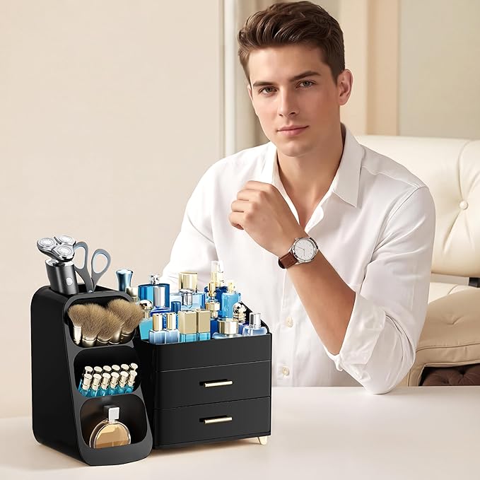 HBlife Makeup Organizer with Brush Holder for Vanity, Large Plastic Bathroom Countertop Organizer Skin Care Storage, Easy to Store Lipsticks, Nail Polishes, Perfumes, Eyeshadow Palettes, All Black