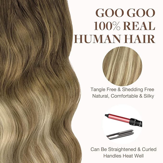 GOO GOO Tape in Hair Extensions Human Hair, 3/8/613 Walnut Brown to Ash Brown and Bleach Blonde, 18inch 50g 20pcs, Skin Weft Seamless Invisible, Silky Straight with Thick Ends, Remy Human Hair