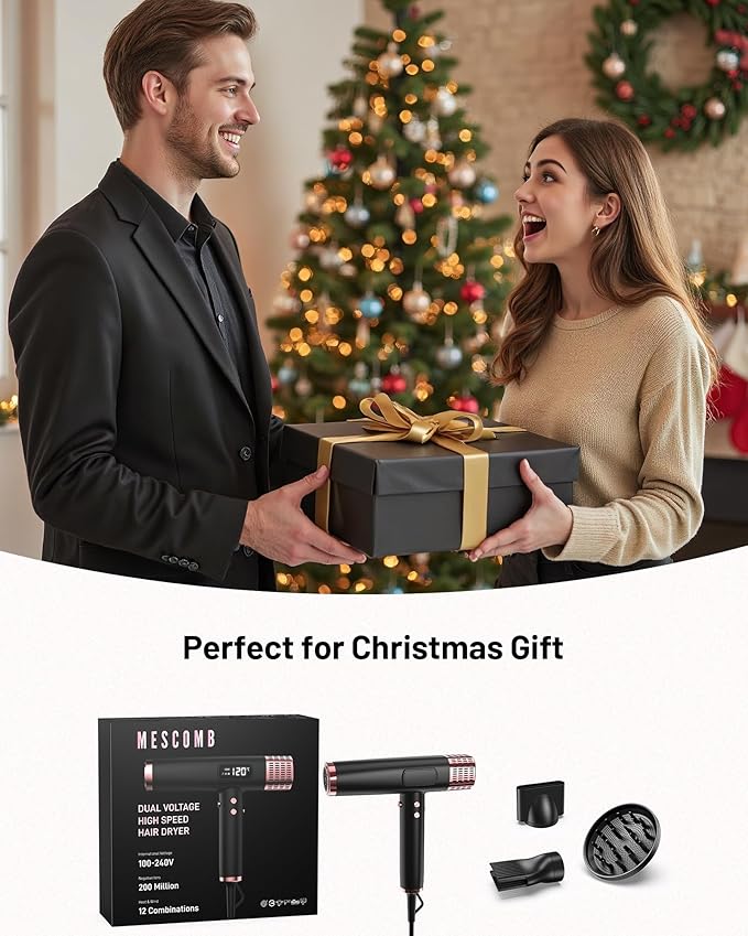 Dual Voltage Ionic Hair Dryer with Diffuser - 1875W High-Speed Blow Dryer for Women, Fast Drying, No Heat Damage, Low Noise, Lightweight, European Travel 110V-120V/220V-240V, Gifts for Women