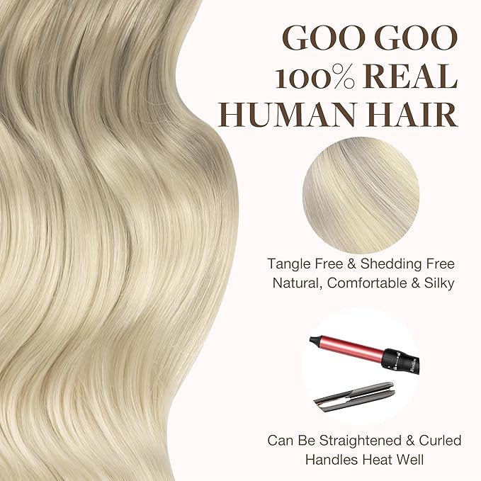 GOO GOO Tape in Hair Extensions Human Hair, 17/22/60 Ash Blonde to Golden Blonde and Platinum Blonde, 16inch 50g 20pcs, Skin Weft Seamless Invisible, Silky Straight with Thick Ends, Remy Human Hair