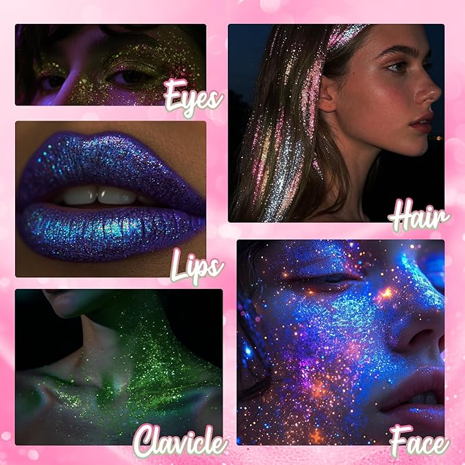 CAHOTO Flamingo Rolling Glitter for Face Body & Hair, Sparkling Holographic Chunky Shimmer, Roll-on Sequins for Singer Concert Rave Festival Halloween Party Carnival, 1.35fl.oz