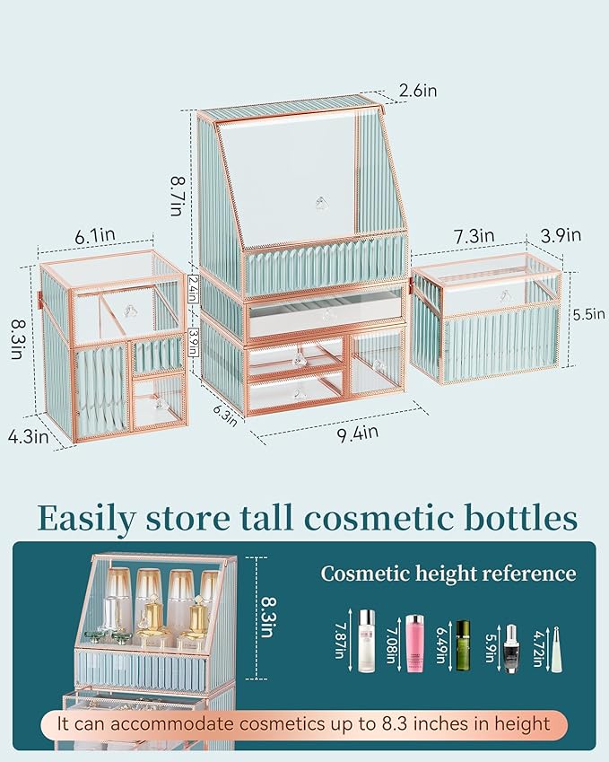 Youdepot Large Makeup Organizer, Glass Cosmetic Storage with Drawers, Stackable Makeup and Jewelry Organizer for Vanity Table, Bathroom Countertop, Skincare, Lipsticks, Perfume, Brushes