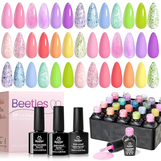Beetles Gel Nail Polish Set - 28 Pcs Pastel Pink Yellow Green Blue Glitter Macaron Color Gel Polish Set Fluttered Eden Soak Off Nail Polish UV LED Nails Art Valentines Gifts for Women Girl