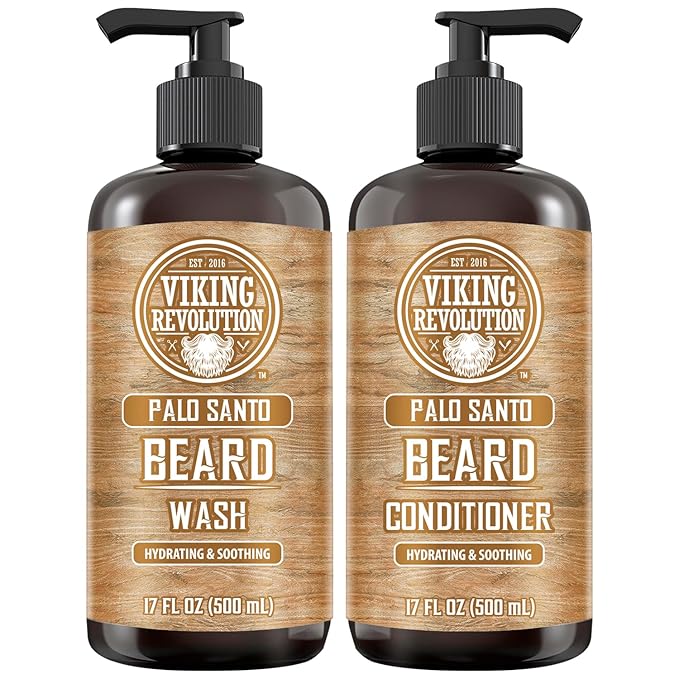 Viking Revolution Palo Santo Beard Wash and Beard Conditioner Set with Argan and Jojoba Oils - Softens and Strengthens - Natural Palo Santo Scent - Beard Shampoo with Ginseng Root Extract (17 oz)