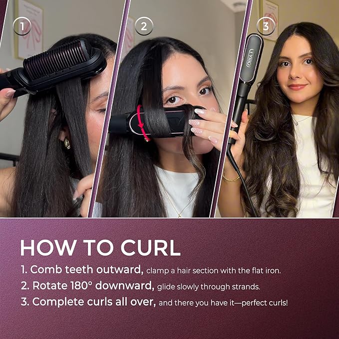 TYMO Flat Iron Hair Straightener Brush 2 in 1, 200M Ions Hair Straighteners for Women, Ceramic Dual Voltage Straightening Hot Comb for Anti-Frizz Straights, Waves, Curls, 3X Less Heat Damage, Black