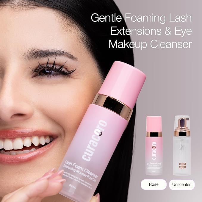 CURACORO 60ML Eyelash Extension Cleanser (Rose Scented) - Lash Shampoo for Lash Extensions, Eyelash Extension Foam Cleanser for Sensitive Skin, Removes Waterproof Makeup for Professional & Home Use