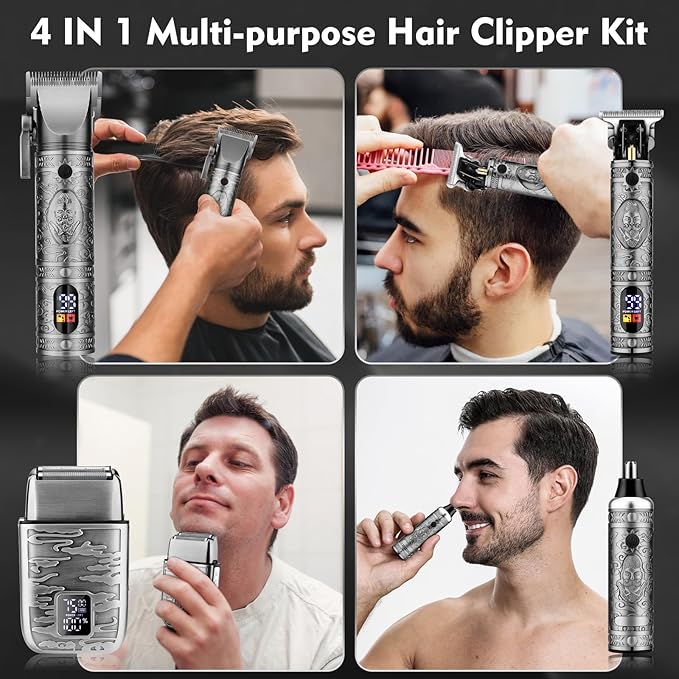 Professional Hair Clippers for Men,Hair Clippers+T-Blade Trimmer+Electric Shaver+Nose Hair Trimmer Set,4 in 1 Cordless Barber Hair Cutting Kit LCD Display Gifts (Gray)