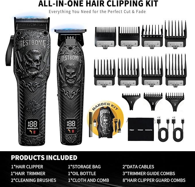 BESTBOMG Professional Cordless Mens Hair Clippers & Beard Trimmer Kits & Sets,Metal Hair Clippers Cutting Grooming Kit with Long Battery Life for Family Barber Use (Black)