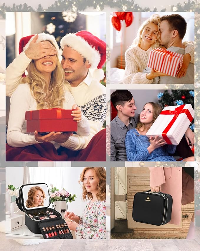 Relavel Makeup Bag with LED Mirror, Small Travel Makeup Case with Rechargeable Lighted Mirror 3 Color Lights, Double Layer Cosmetic Box Makeup Brush Lipstick Holder Organizer for Women, Black