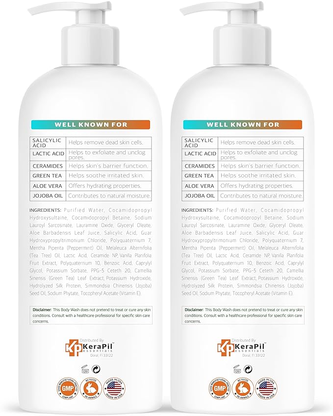 KERAPIL Salicylic Acid Body Wash - Skin Non-drying, Gentle Exfoliates Rough and Bumpy Skin, Body Acne Wash, BHA & AHA - Unscented Exfoliating Body Wash, Made in USA - (16 fl oz x 2)