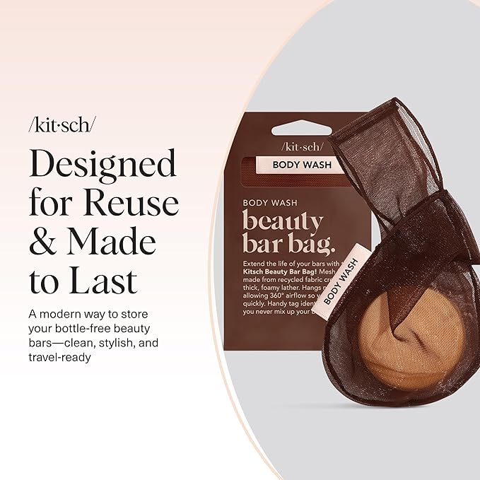 Kitsch Bar Soap Saver Bag – Patented Mesh Bag Soap Holder for Body Wash Bar - Extends Use & Prevents Soggy Mess - Recycled Mesh Beauty Pouch, Eco-Friendly – Chocolate