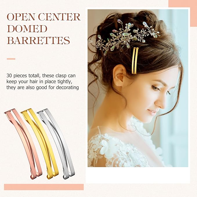 Hotop 30 Pieces Open Center Metal Barrettes Anti-slip Metal Hair Clip for Women, Assorted Colors(Open Center Barrette,Rose Gold,Silver, Gold)
