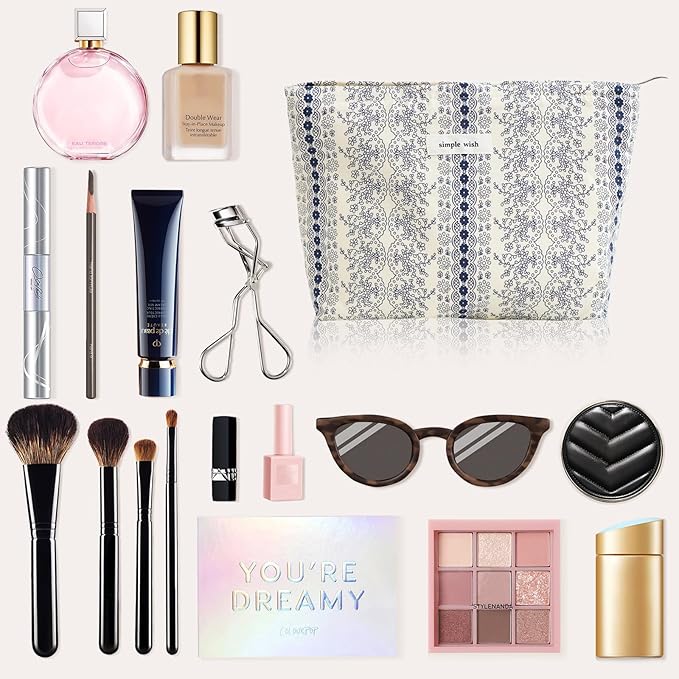 Wudygirl Makeup Bag Cute Cosmetic Bag for Women Large Capacity Makeup Pouch Travel Makeup Organizer Canvas Toiletry Bag Pouches for Purse with Zipper (Navy Blue Striped Floral)