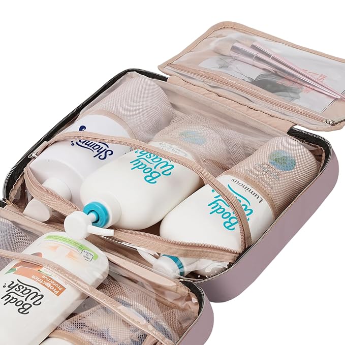 NISHEL Travel Toiletry Bag for women, Portable Hanging Organizer for Family-Sized Shampoo, Conditioner, Brushes Set, Makeup Accessories, Extra Large Size, Peach Pink