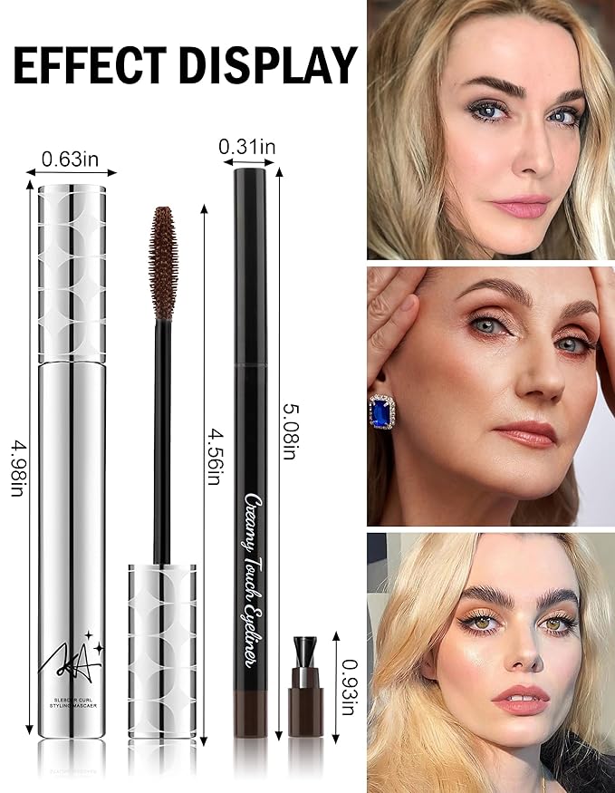 2PCS Mascara for Older Women 60 Plus and Eye Liner Pencils Makeup Set, Mascara Volume and Length Waterproof, Hypoallergenic for Sensitive Eyes, Smudge Proof Long Lasting #Dark