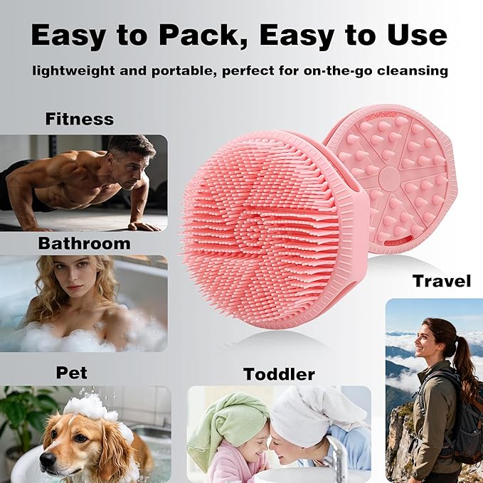Silicone Body Scrubber for Men Women, Dual-Sided Gentle Exfoliating Body Scrubber Scalp Scrubber Massager for Deep Cleansing, Soft Silicone Loofah Body Brush with Hanging Holes (Pink)