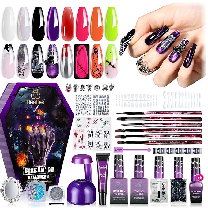 beetles Scream On Halloween Limited Box, Halloween Gel Polish Kit with UV Light, Black Orange Dark Purple Cat Eye Polish With Nail Tips Nail Sticker Manicure Kit Salon DIY Nail Art Gift Set
