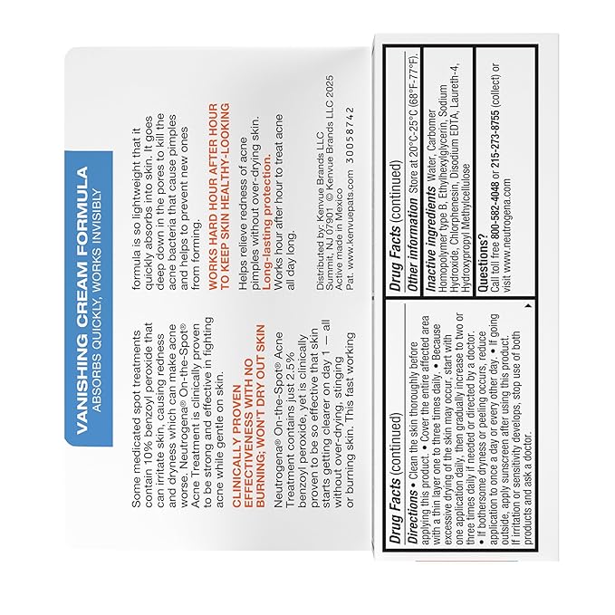 Neutrogena On-The-Spot Acne Spot Treatment Cream with 2.5% Benzoyl Peroxide, Gentle Face Blemish Medicine for Acne-Prone Skin, Vanishing Formula, Clinically Proven Day-1 Results, 0.75-Ounce Tube