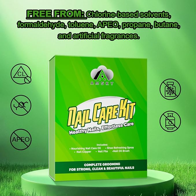 AMSKY Nail Care Kit - 2 Oz Nourishing Cuticle Oil | 3.5 Oz shoe deodorizer sprays | Powerful Natural Formula.Multi-Action Care, Nail repair, strengthener & smelly feet.With Clipper, File, Oil Brush