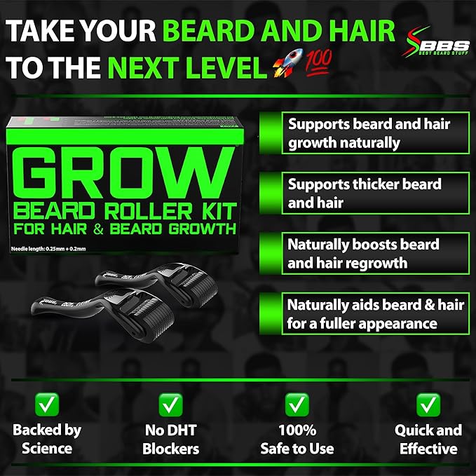 GROW Beard Oil + Biotin Hair Vitamins Gummies + Facial Derma Roller Kit – Ultimate Beard Growth Kit for Men – Fills Patches, Stimulates Growth, Thickens Beard
