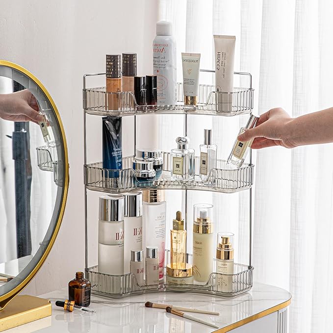 3-Tier Corner Bathroom Counter Organizer – Classic Storage Shelf for Makeup, Perfume & Toiletries, Space-Saving Countertop Tray Fits Bathroom, Dresser, Kitchen (Slate Gray)