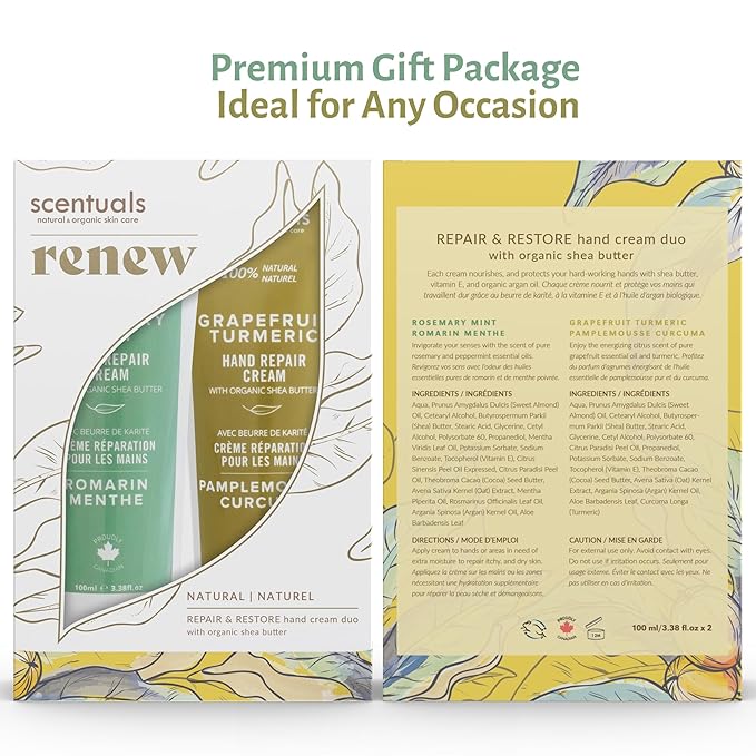 Scentuals Hand Cream Set of 2, with Shea Butter, Cocoa Butter, Argan & Almond oil, Moisturizing Dry Hands. Rosemary Mint + Grapefruit Turmeric (100ml x 2/3.38 fl.oz x 2)