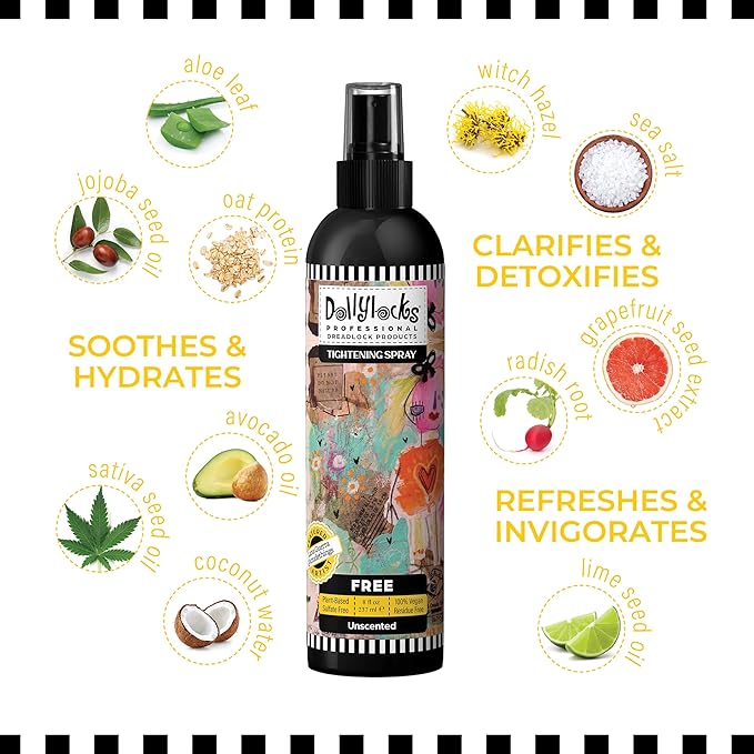 Dollylocks Sea Salt Texture Spray | Plant-Based, Vegan, Residue-Free | Tighten Locs Dreadlocks Loose Hair Care | Fragrance Free | 8oz