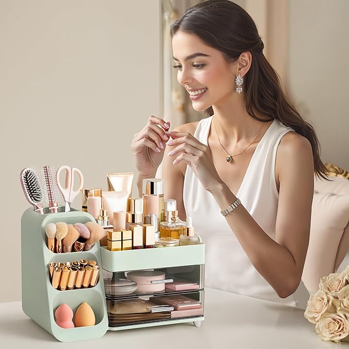 HBlife Makeup Organizer with Brush Holder for Vanity, Large Plastic Bathroom Countertop Organizer Skin Care Storage, Easy to Store Lipsticks, Nail Polishes, Perfumes, Eyeshadow Palettes, Green