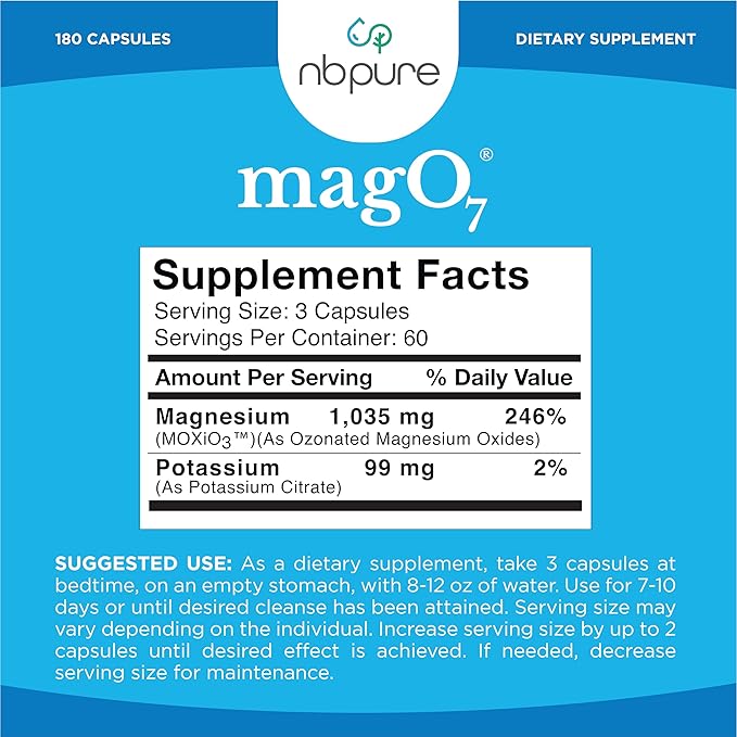nbpure MagO7 - Natural Colon Cleanse & Detox - Occasional Constipation Relief, Stool Softening, & Bloating Support for Men & Women - Ozonated Magnesium Oxide, 180 Capsules