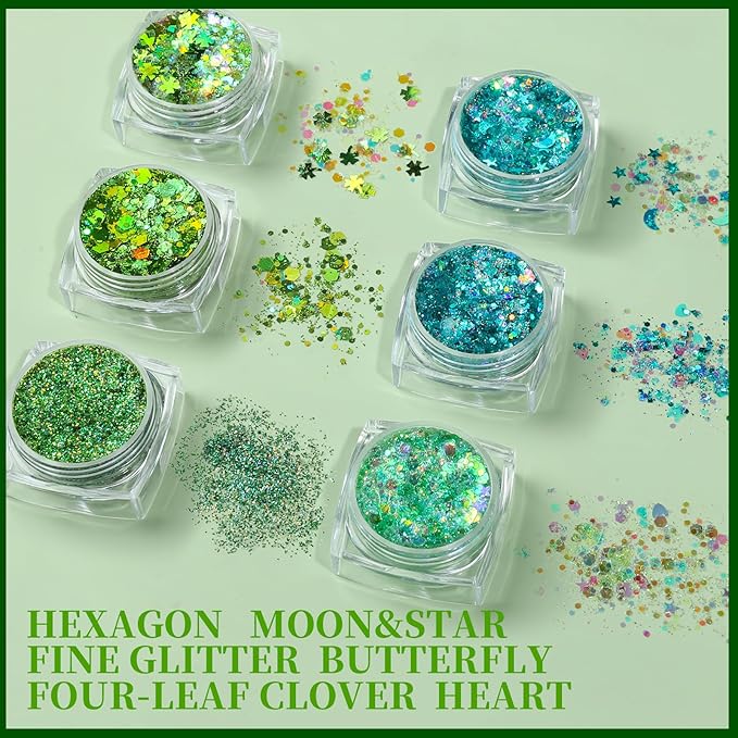 Teenitor Green Face Glitter, 6 Shapes Face and Body Glitter, Hair Glitter Gel, Body Glitter Gel for Festival Makeup, Makeup Glitter for Face, Body, Hair
