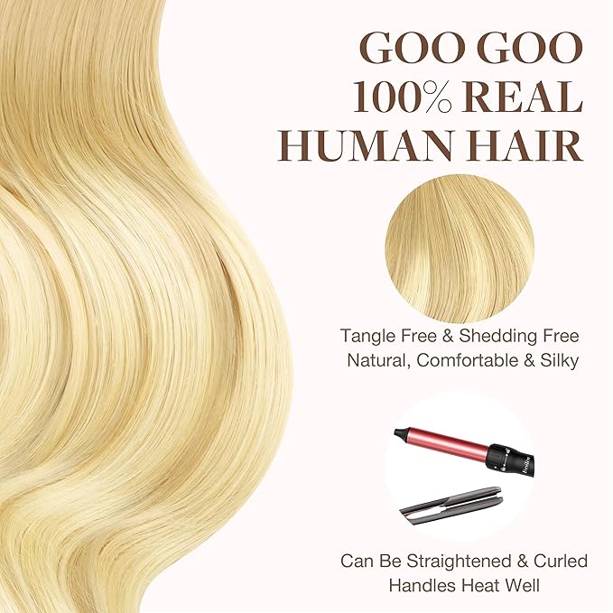 GOO GOO Tape in Hair Extensions Human Hair, 18AT60A Pearl Ash Blonde Highlights, 14inch 100g 40pcs, Skin Weft Seamless Invisible, Silky Straight with Thick Ends, Remy Human Hair