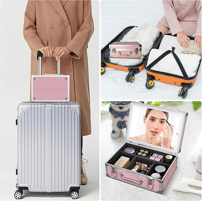 Travel Makeup Case with LED Mirror - Hard Shell Pink Travel Makeup Bag with Mirror - Portable Makeup Organizer with Mirror, Vanity Case for Cosmetics, Adjustable Divider
