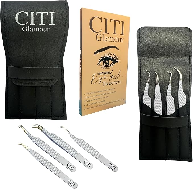 Lash Tweezers For Eyelash Extension set of 4 with Diamond Grip and Precise Fiber Tip For Volume,Mega Volume And Classic Lashes,Ideal for Lash Artist and at home use